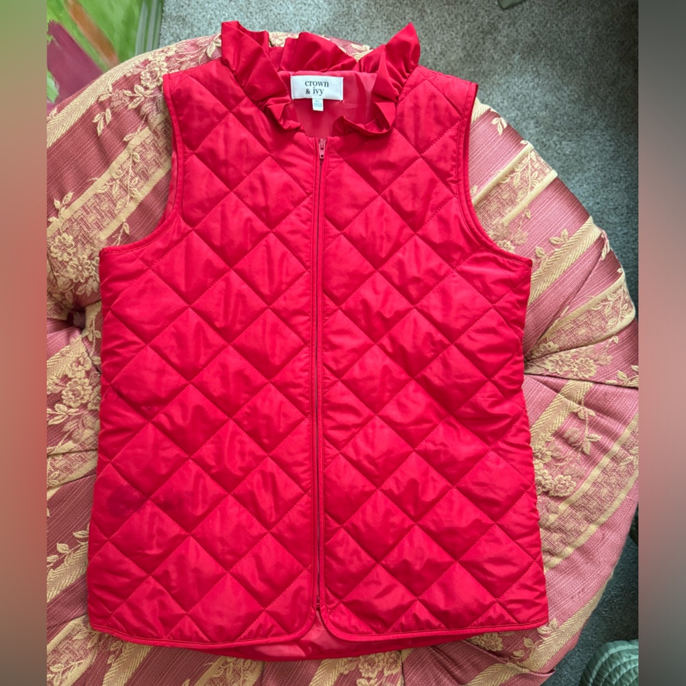 Girls Stylish Red Quilted Ruffle Collar Vest by Crown & Ivy - size XL (12-14)